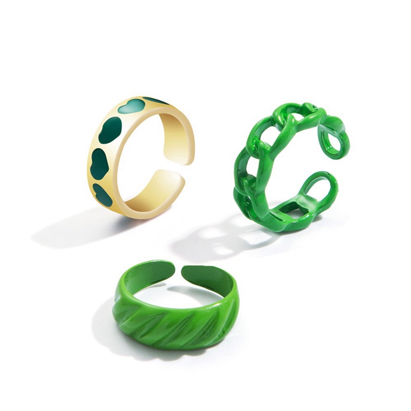 3pcs / Set Cincin Desain Bordir Hati Bahan Metal Warna Hijau Untuk Wanita