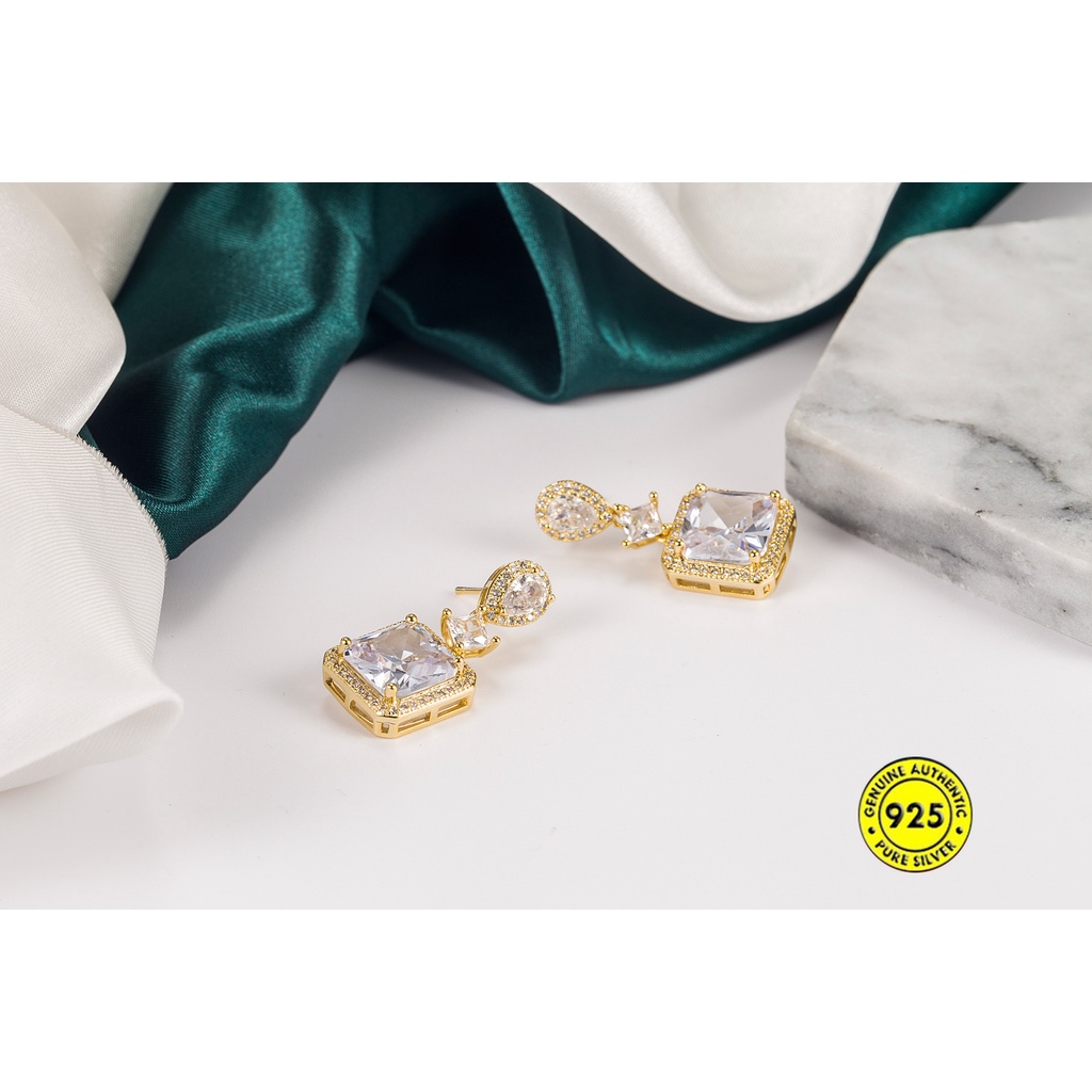 Anting Bahan Sterling Silver 18K Gold Bentuk Persegi Aksen Zircon