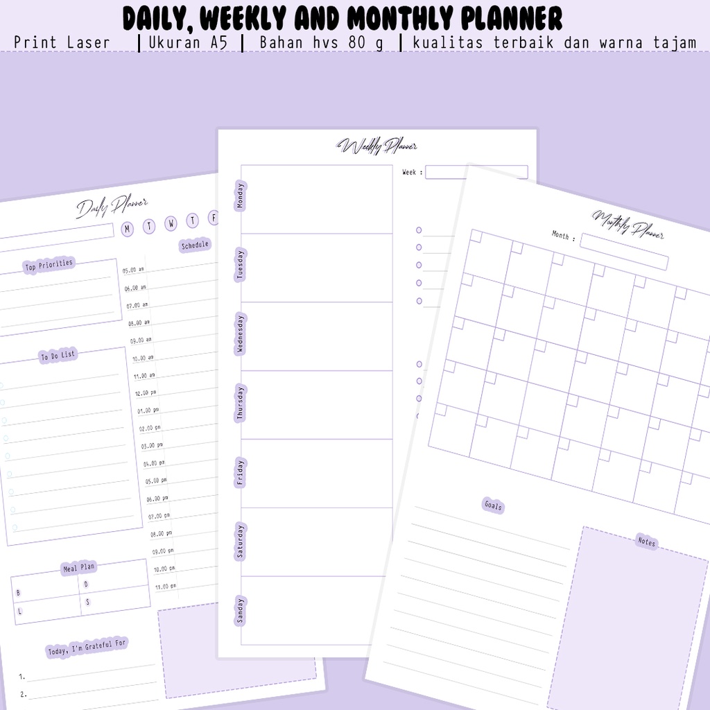 

daily planner, weekly planner dan mothly planner