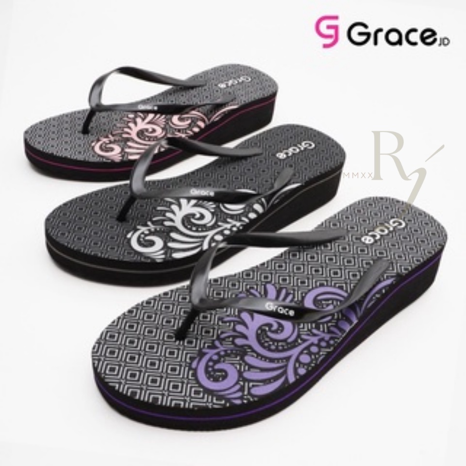 GRACE [FLORA] Sandal Jepit Wedges Hak Spon Hitam/ Sendal Jepit Simple Wanita Helen