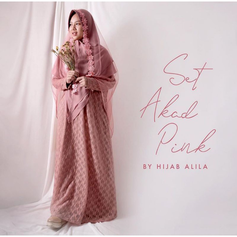 SET AKAD PINK. GAMIS SAFWA BROKAT PINK. HIJAB ALILA