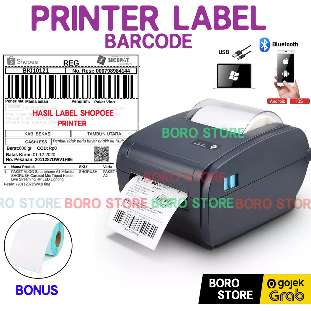 

Printer Barcode Thermal Bluethooth + USB Label Printer Pengiriman E-commerce Marketplace Resi Shopee