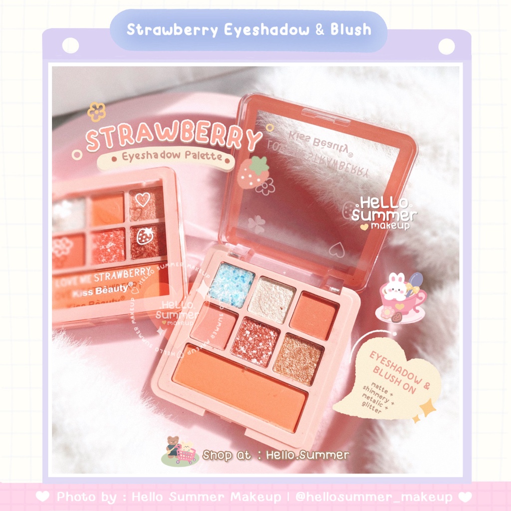 𝐄𝐘𝐄𝐒𝐀𝐇𝐃𝐎𝐖 &amp; 𝐁𝐋𝐔𝐒𝐇 𝐏𝐀𝐋𝐄𝐓𝐓𝐄 - Kiss Beauty Strawberry Mini Eyeshadow &amp; Blush Palette Korean Makeup