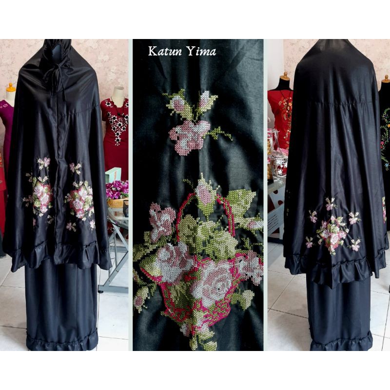 MUKENA BORDIR HITAM (BUNGA STRIMIN)