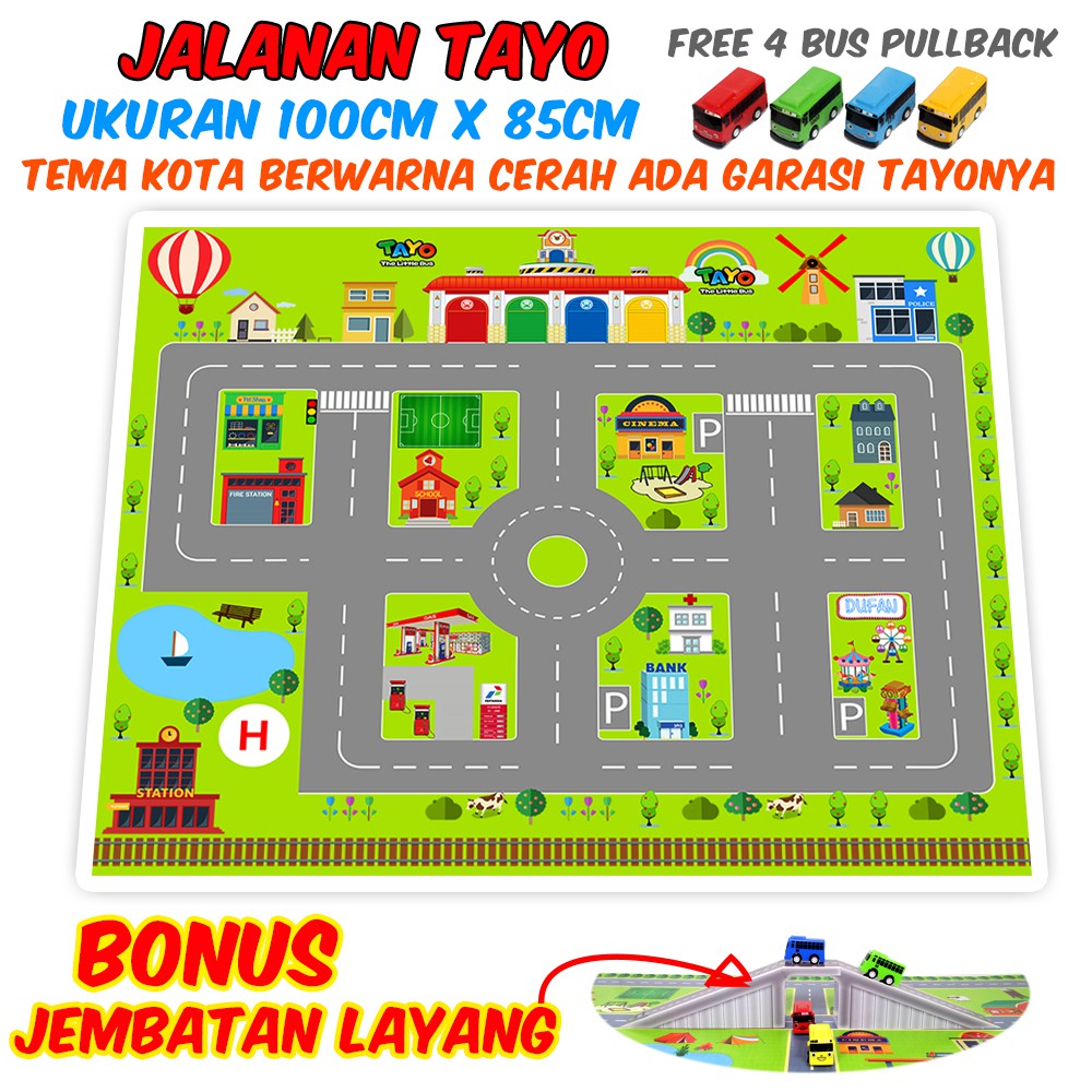 Playmap Mainan 4 Bus Warna Warni Lengkap + Jalanan + Jembatan