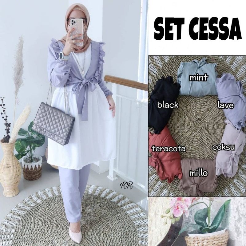 SET CELANA FASHION CESSA 3in1, MOSCREPE PREMIUM, GAMIS HIJAB MUSLIM, OUTER SETELAN