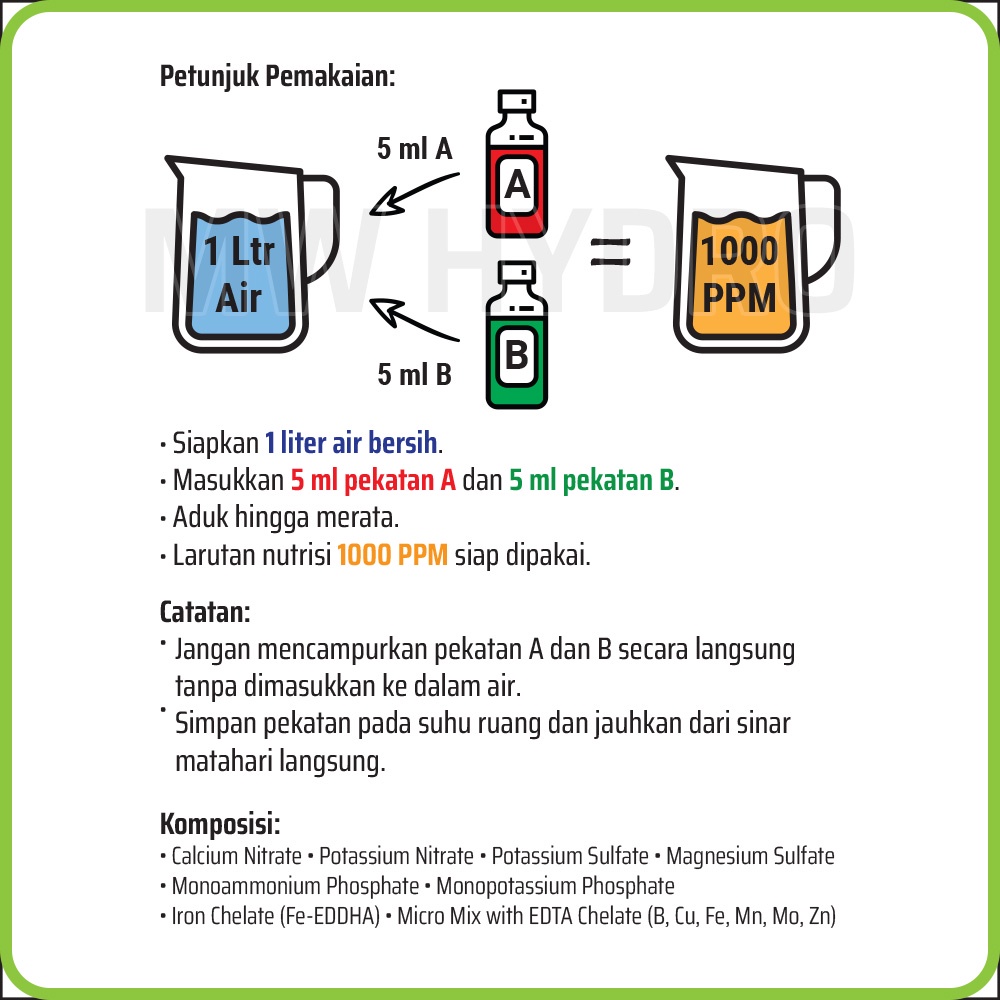 Nutrisi Hidroponik AB Mix Cair 250 ml untuk 50 Ltr @ EC 2.0 / 1000 PPM