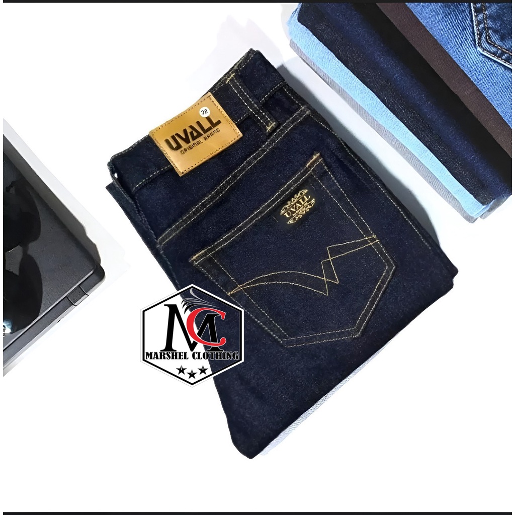 RCL - Celana Jeans Uvall Model Standar Regular Uval Pria Coklat Cream Biru Navy Hitam Biowash Bioblitz Blueblack Biru Muda Brown Dark blue (28-38) Terlaris