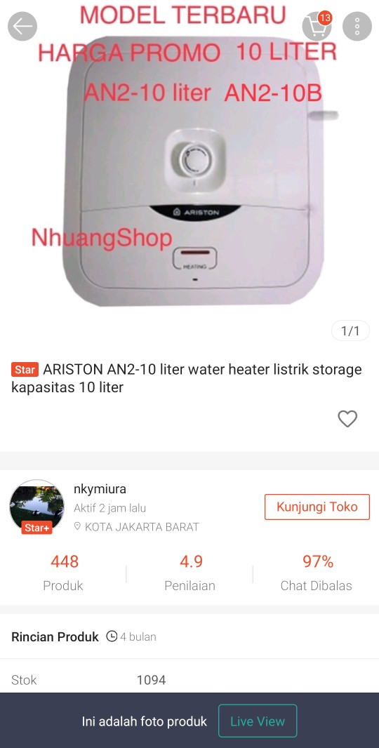 Ariston An2-10 Liter Water Heater Listrik Storage Kapasitas 10 Liter