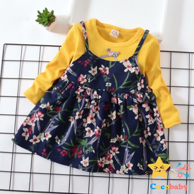 Set Dress Floral dan Kaos  Lengan  Panjang  untuk Bayi  