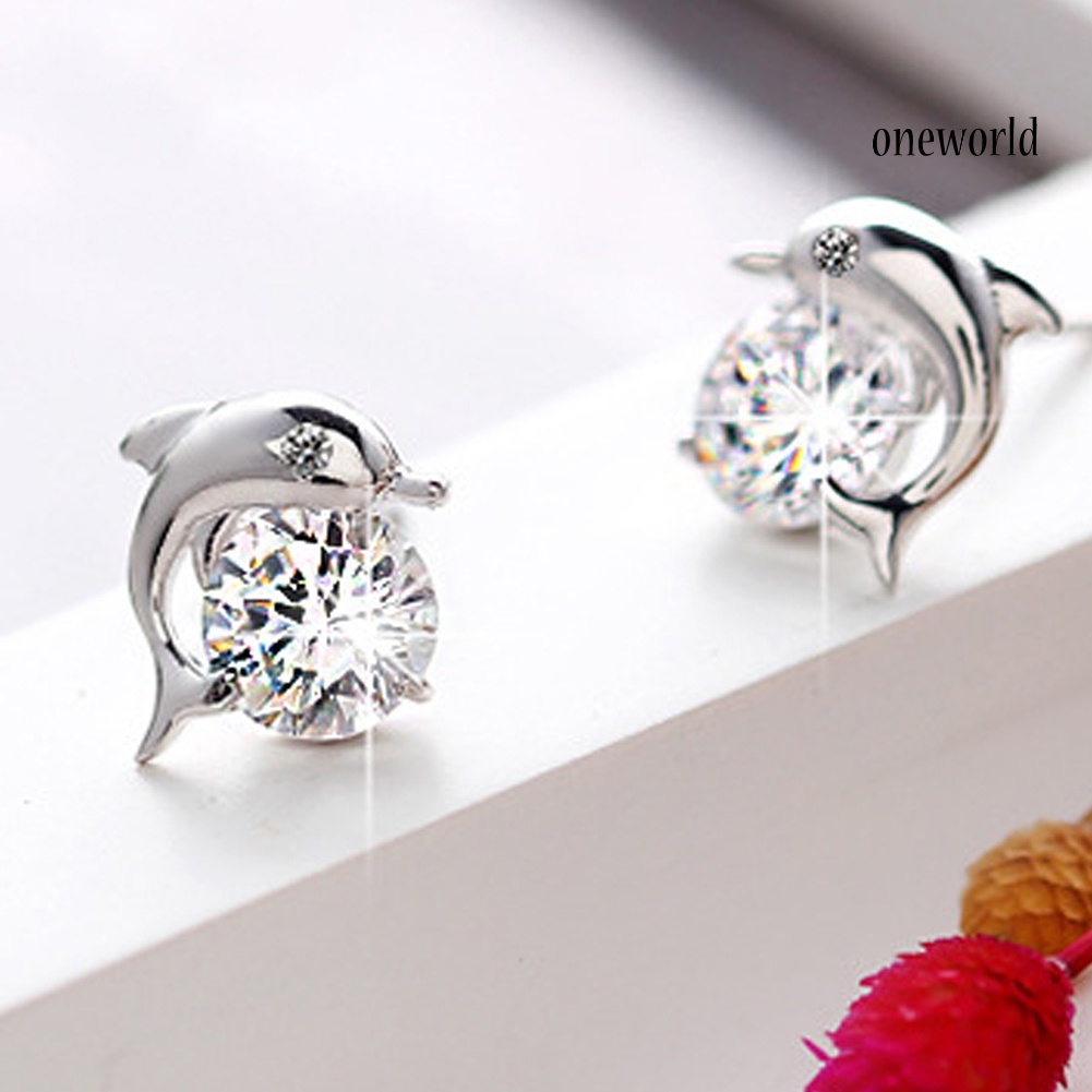 OW@ Cute Dolphin Silver Plated Cubic Zirconia Inlaid Ear Stud Women Earrings Jewelry