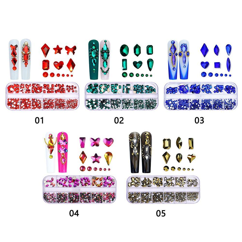 R-flower 12Gird Kotak Nail Art Diamond Baru Mewah Kuku Glitter Flatback Diamond