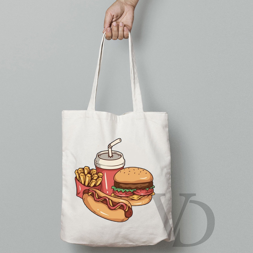 TOTE BAG KANVAS MURAH / TOTE BAG WANITA / TOTE BAG MOTIF JUNK FOOD BURGER PIZZA