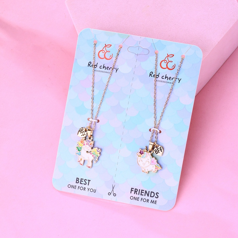 2pcs / Set Kalung Rantai Dengan Liontin Unicorn Lucu Untuk Wanita