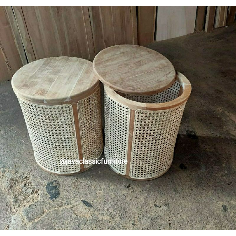 ROUND STORAGE TEMPAT PENYIMPANAN SERBAGUNA ESTETIK NAKAS RETRO ROTAN BULAT BAHAN KAYU JATI MIX ROTTAN UNIK VINTAGE-4