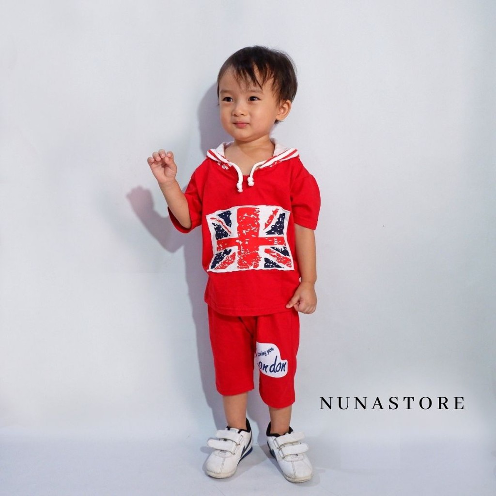 Setelan Baju Celana Anak Bayi Laki-laki Usia 6 bulan - 6 tahun IMK Motif England Hoodie Merah