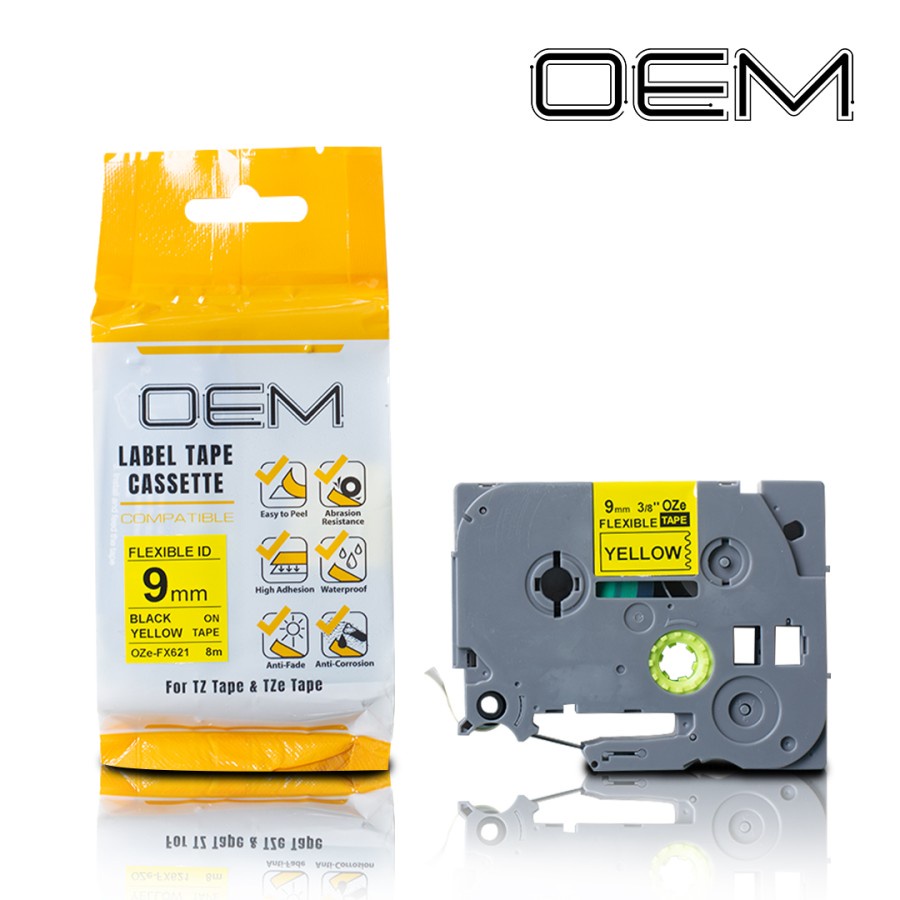 OEM LABEL TAPE FLEXIBLE LAMINATED 9mm x 8m FOR USE ON BROTHER PTOUCH