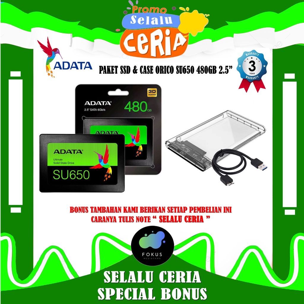 PAKET SSD DAN Case Orico 2139U3 ADATA SU650 480GB Ultimate 2.5 Sata III