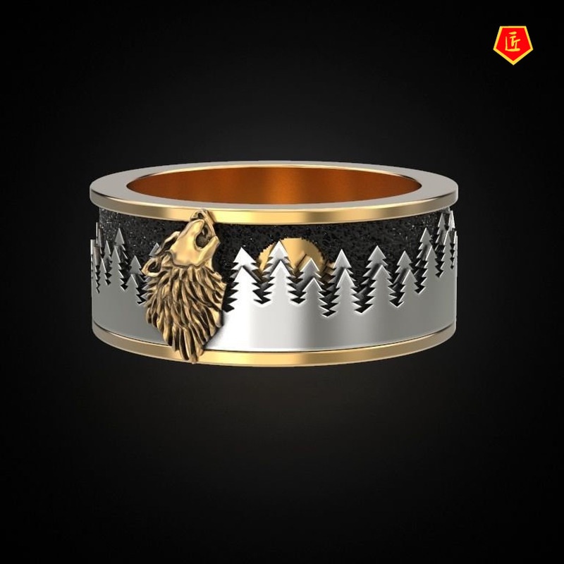 [Ready Stock]Personalized Viking Warrior Gold Two-Tone Night Forest Wolf Ring