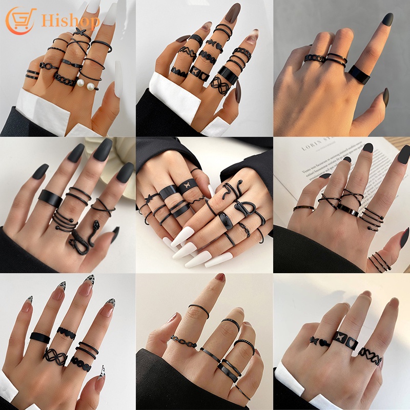 Set Perhiasan Cincin Butterfly Heart Cross Warna Hitam Untuk Aksesoris Wanita