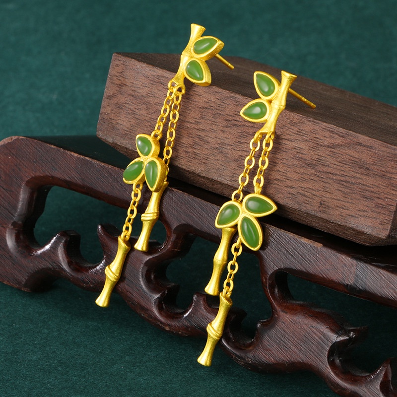 Anting Stud Emas Emas Asli Kadar 375Desain Bambu Girl Hetian Jade Rumbai Gaya Vintage Korea