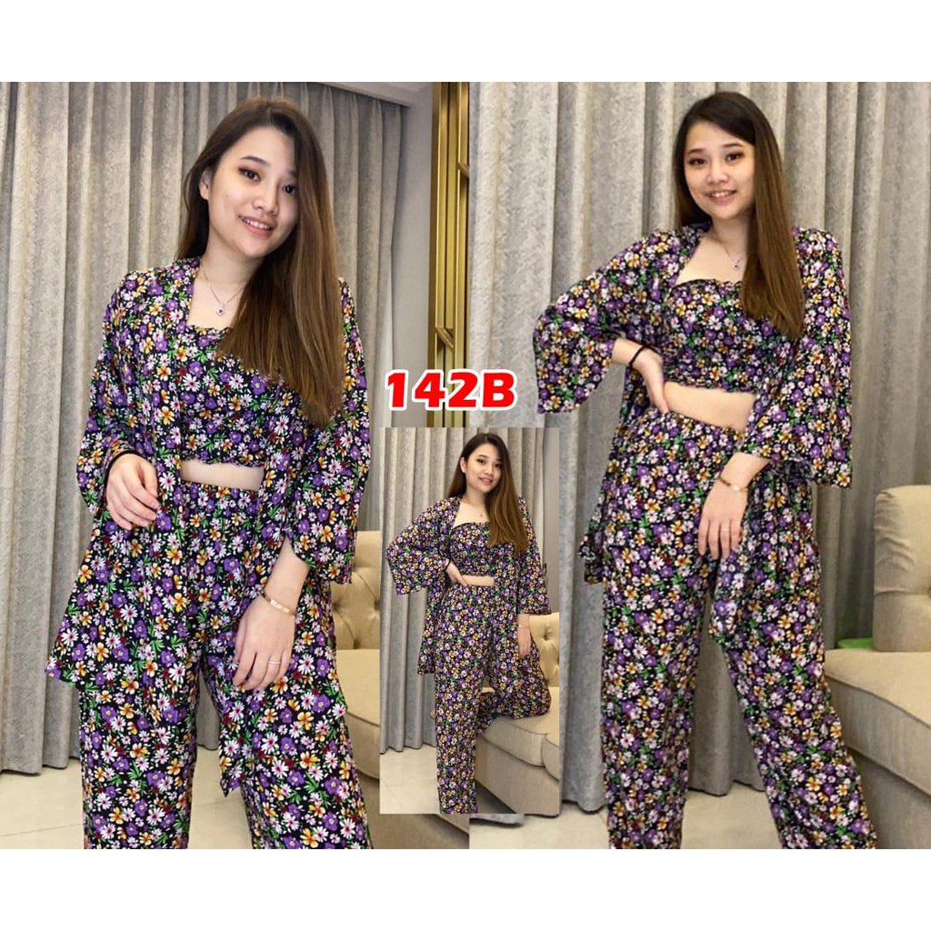 142 B // Set kimono motif bunga bahan rayon (cardigan+ tali + kemben+ celana)/fashion set