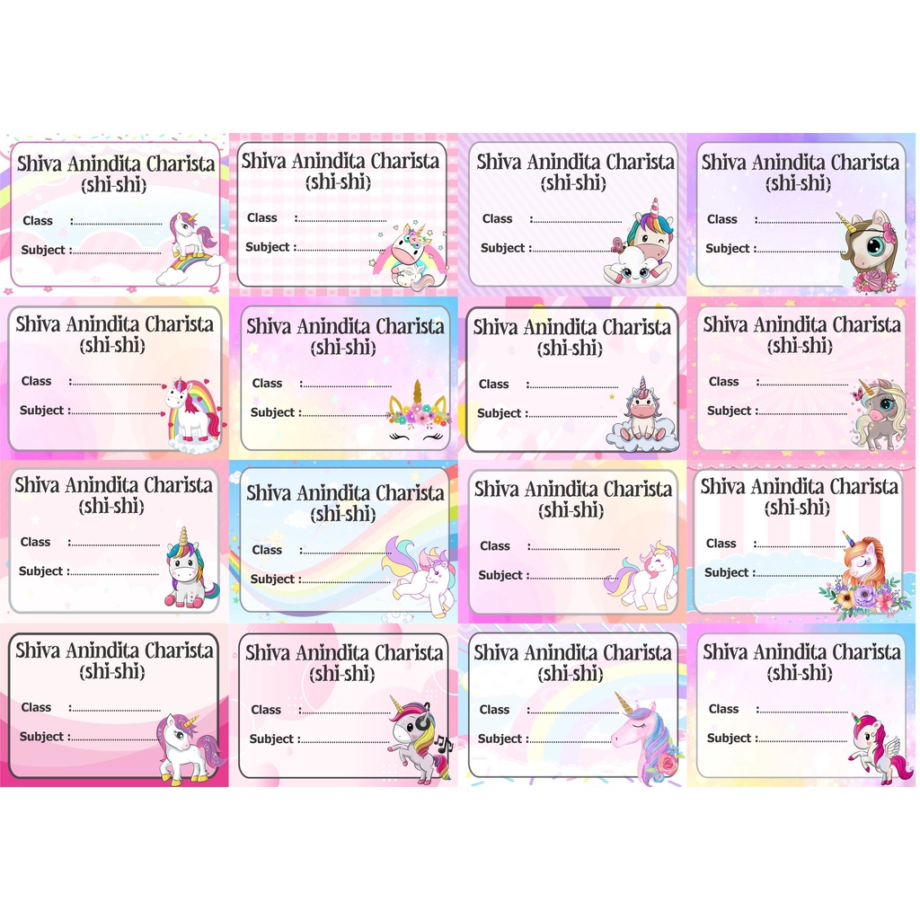 

Unicorn Label stiker buku nama kelas mapel custom