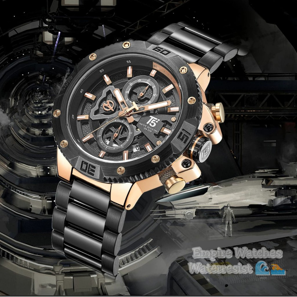 Jam Tangan T5 H3705 3705 H3705G Pria Cowok Analog Chrono dan Tanggal Aktif Rantai Stainless Original