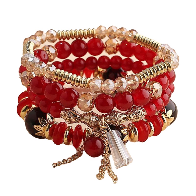 Gelang Tangan Wanita Manik Batu Agate Imitasi Multi Layer Rumbai Kristal Mutiara Gaya Bohemia