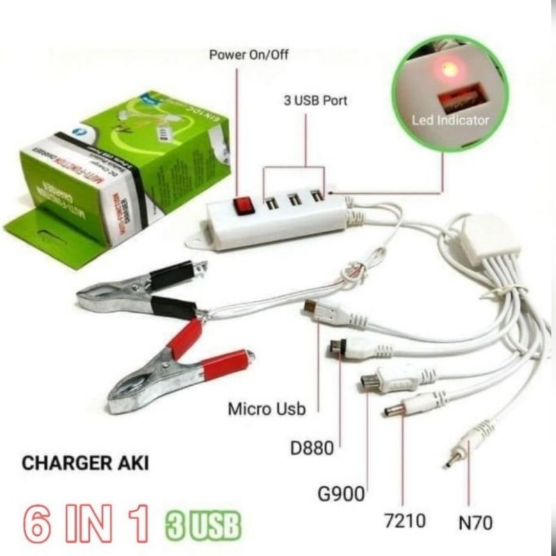 Charger Aki Motor 6 in 1 3 USB On Off Charger Hp 6in1 3USB
