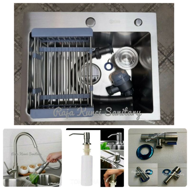 Paket Lengkap Kitchen Sink 5040 + Kran Mixer Tarik Panas Dingin Stainless SUS 304