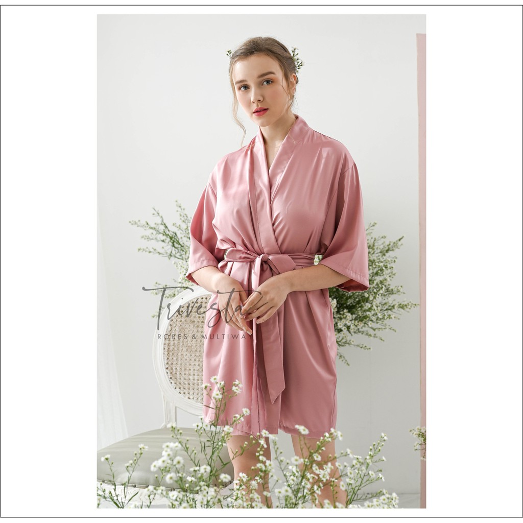 Basic Robe - KIMONO BRIDESMAID SATIN WARNA DUSTY PINK  + FREE BORDIR (TULISAN BEBAS BISA NAMA)