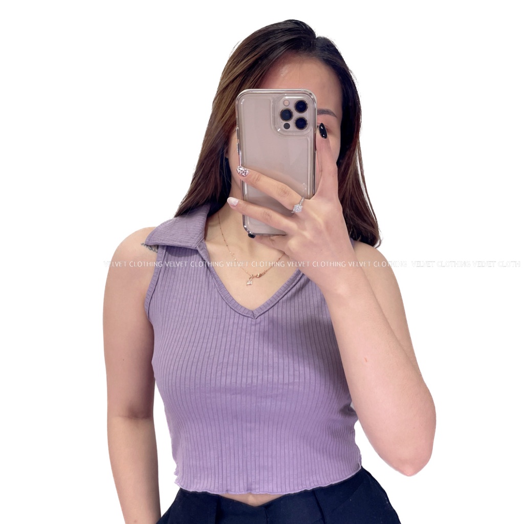 VELVET Tanktop Kerah Knit / Tank top Korean Kerah / Tanktop Crop Polos / Tanktop Rajut Wanita 4363