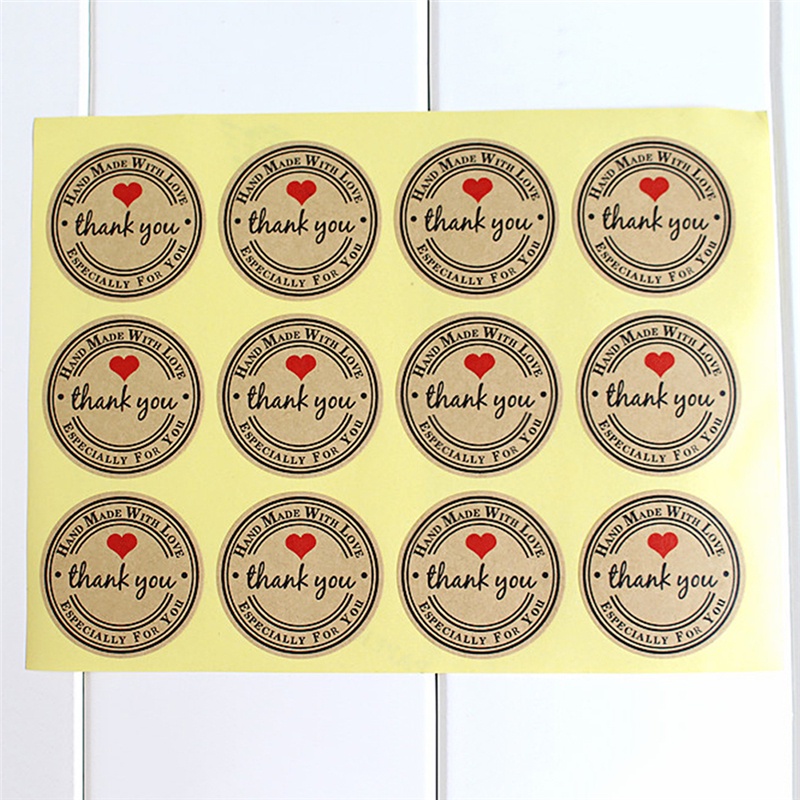 12 / 60 / 120pcs / set Stiker Label Kertas Kraft Tulisan Handmade with Love Thank You 38mm