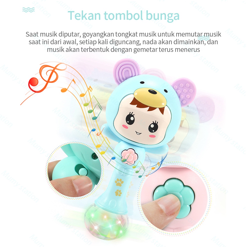 Mainan Tongkat Rattle Teether+Musik+Lampu Kelap-Kelip Bentuk Kartun