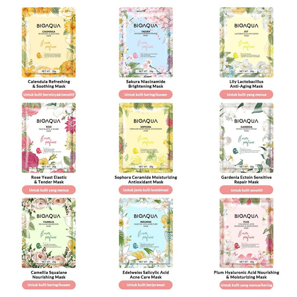 BIOAQUA Sheet Mask Masker Wajah Flowers Series (28g/pcs) Hydrating Essence Face Mask Brightening dan Anti Acne / BB