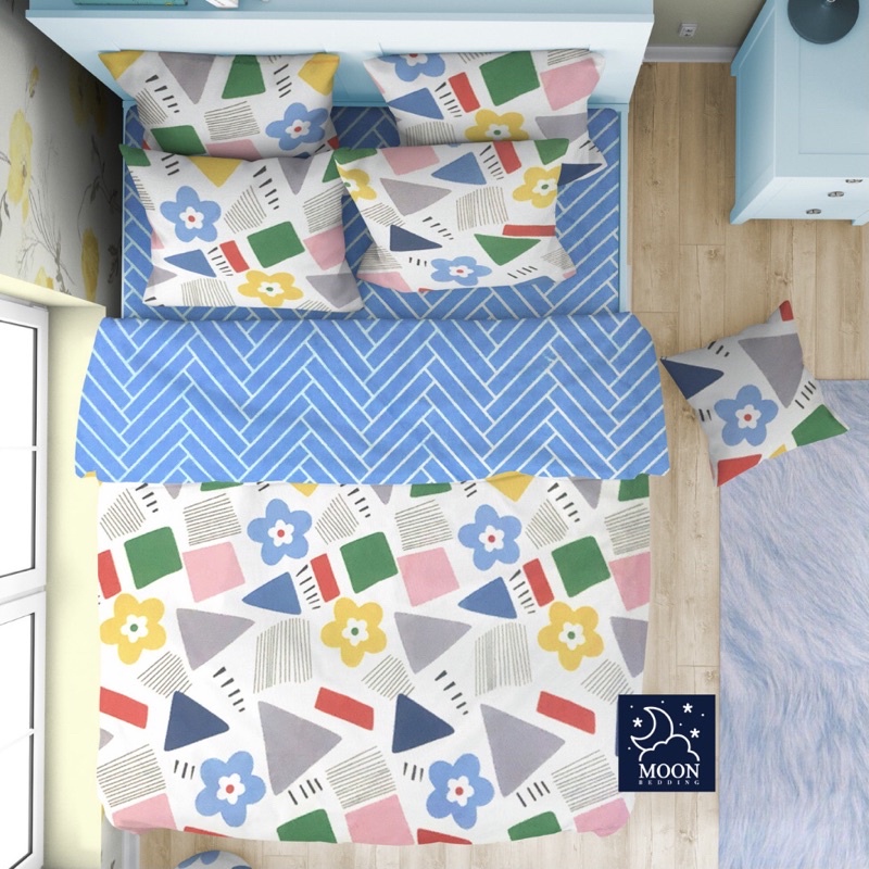 kain sprei meteran katun lokal catra putih bunga christy garis kotak panel roletto biru rainbow chic