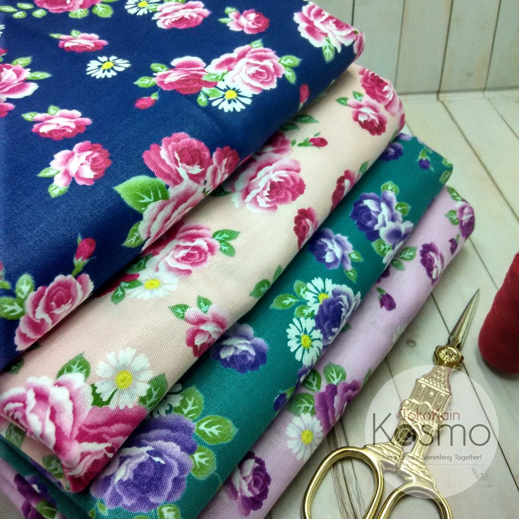 Kain katun Jepang Twill Japan Design - Bunga Rose/Mawar (Green/Hijau)