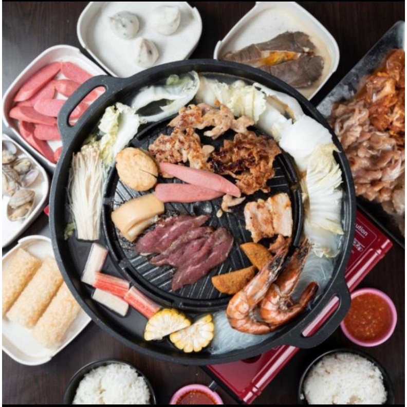 PROMO PAKET korean grill 2 in 1 dan kompor portable / bulgogi pan sukiyaki 2 in 1 mookata / panggangan BBQ grill plate / panci shabu grill 2 in 1 / yakiniku grill pan anti lengket 38cm mookata