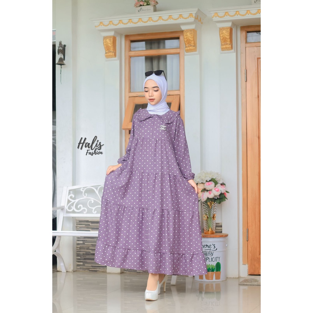 MIDI DRESS KATUN SHAKILA ABSTRAK SALUR POLKA ORIGINAL HALIS FASHION busana muslim baju wanita dress syari kajep maxidress gaun pesta