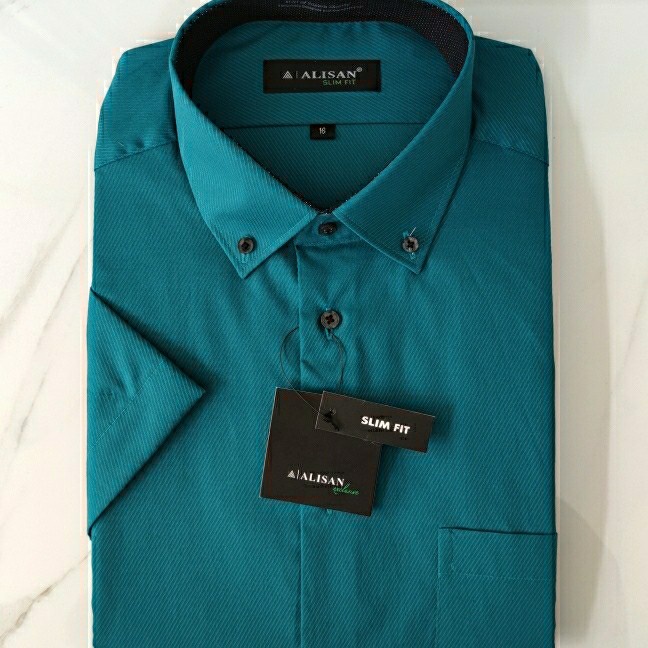 Alisan Kemeja Pria Slimfit Pendek Kerah Kancing Dobby Tosca Hijau Biru