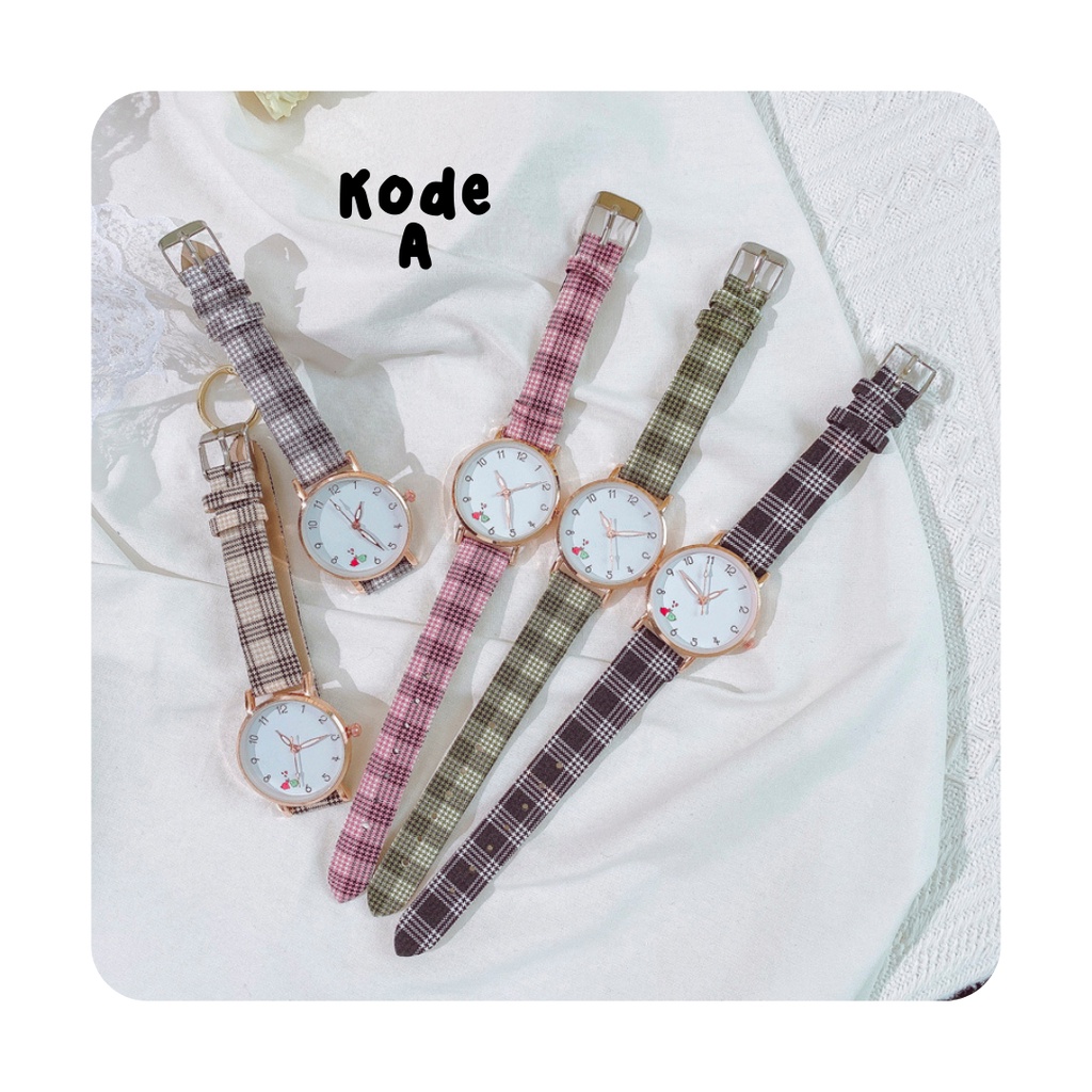 DODORY J185 Jam Tangan Wanita Kotak-Kotak Tartan Motif Stroberi Woman Watch Fashion