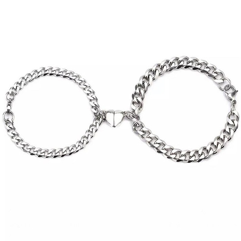 TK 2Pcs/pair Fashion Stainless Steel Couple Bracelets Magnetism Heart Charm Creative Chain Bracelets Jewelry Gift