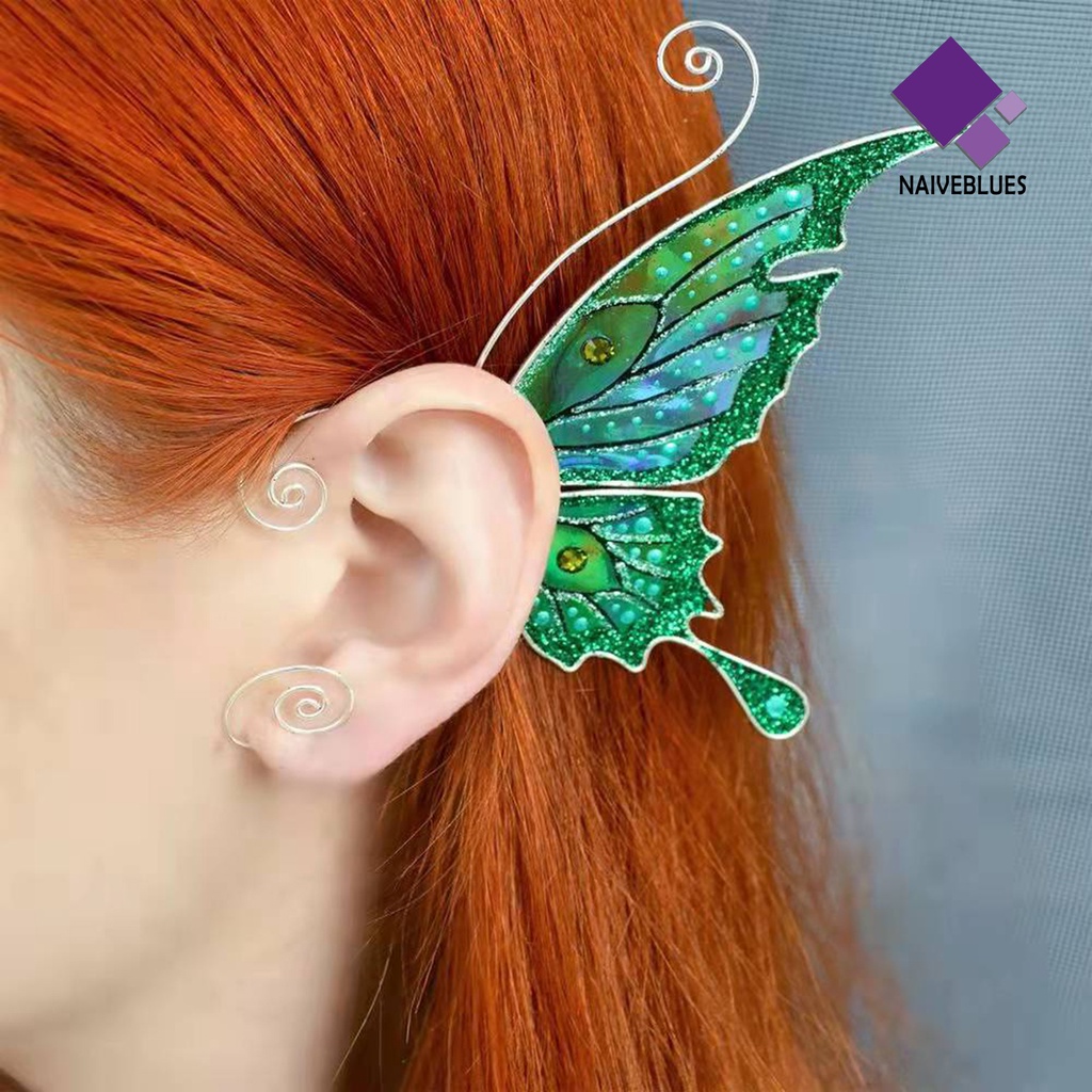 Naiveblue &gt; 1Pc Anting Klip Telinga Model Sayap Kupu-Kupu / Naga Multiwarna Untuk Cosplay