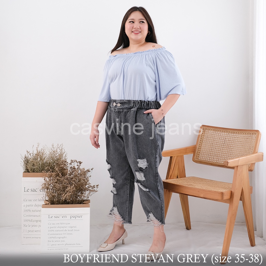 Boyfriend Jeans BF Rubber Pinggang Karet SNOW GREY Bigsize Jumbo