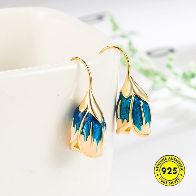 Anting Kait Desain Bunga Kecil Bahan Sterling Silver Lapis Emas 18K Untuk Wanita