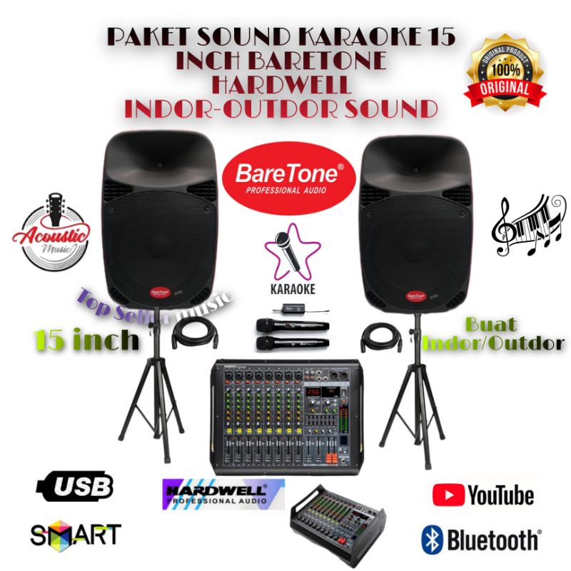PAKET SOUND SYSTEM KARAOKE SPEAKER BARETONE 15INCH MIXER POWER HARDWELL 2 MIC WIRELESS