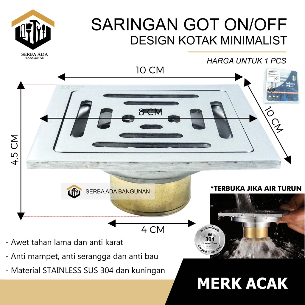 Floor Drain Sargot Kuningan Stainless - 4 Inch Model On Off ( OTOMATIS BUKA TUTUP) SARINGAN GOT ANTI BAUT KECOA