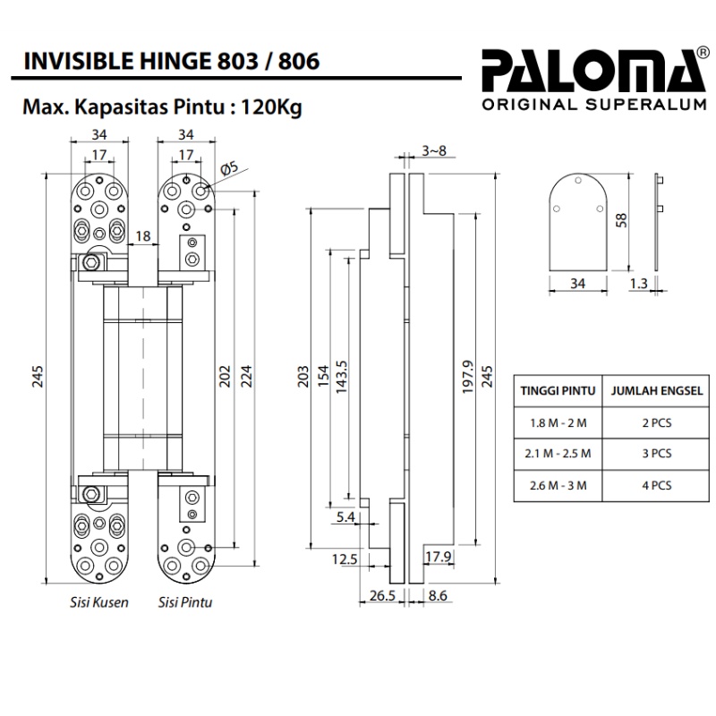 PALOMA IHP 806 INVISIBLE HINGE ENGSEL TANAM P120 HITAM MATTE BLACK