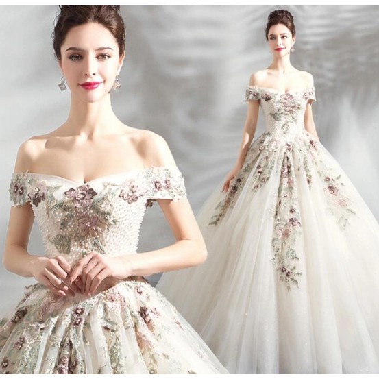 Kain Renda Bahu Leher Manik-manik Pernikahan Gaun